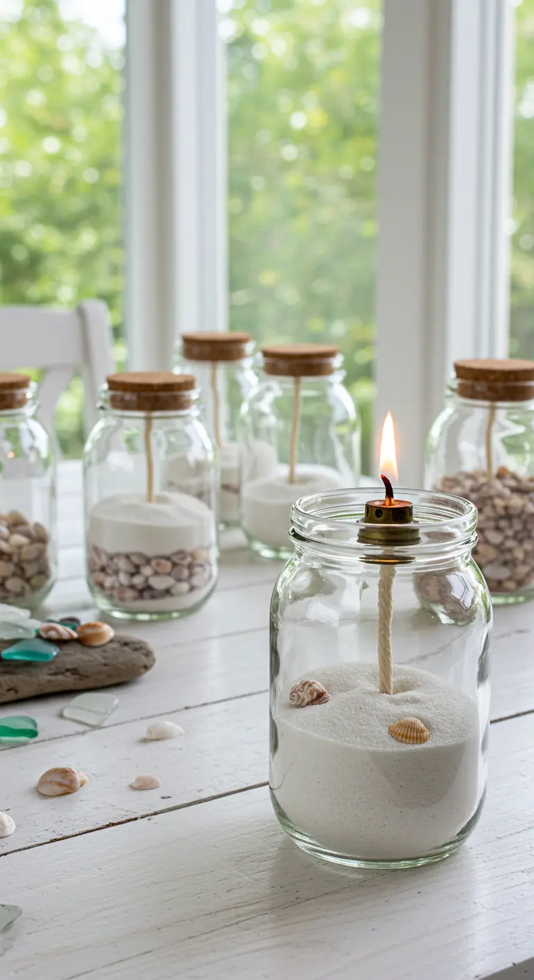 Lámpara de aceite DIY en un frasco con arena blanca y conchas, evocando un estilo costero.