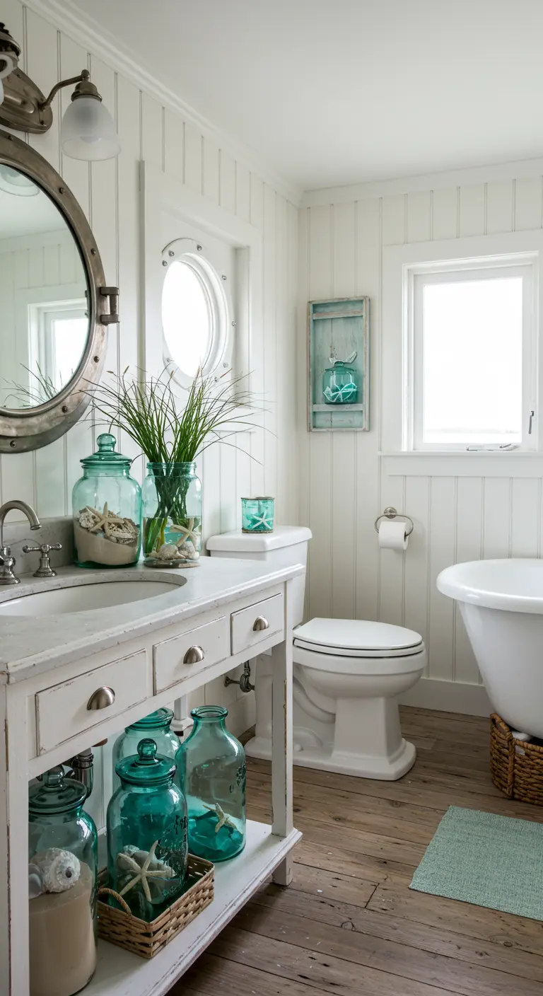 Baño de estilo costero con grandes frascos de vidrio azulados llenos de arena y estrellas de mar.