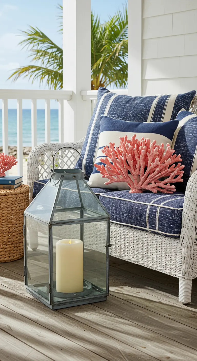 Sillón de mimbre blanco con cojines azules y un adorno de coral en un porche.