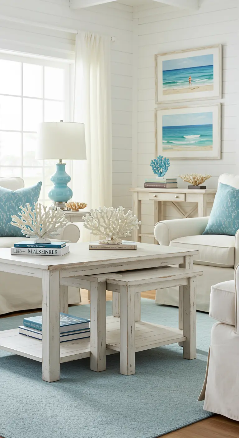 Mesas nido de madera blanca decapada en una sala de estar de estilo costero