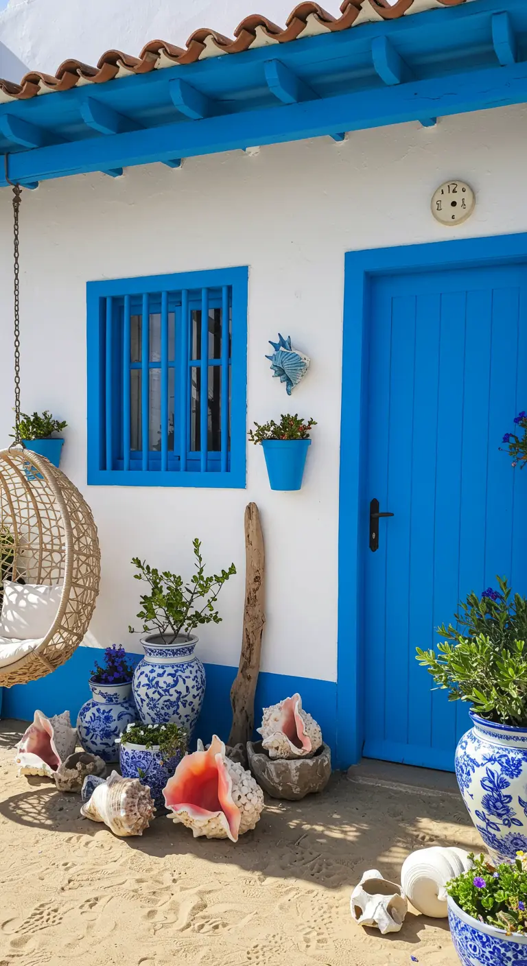 Rincón costero con pared blanca, detalles en azul, macetas de cerámica y grandes conchas marinas.