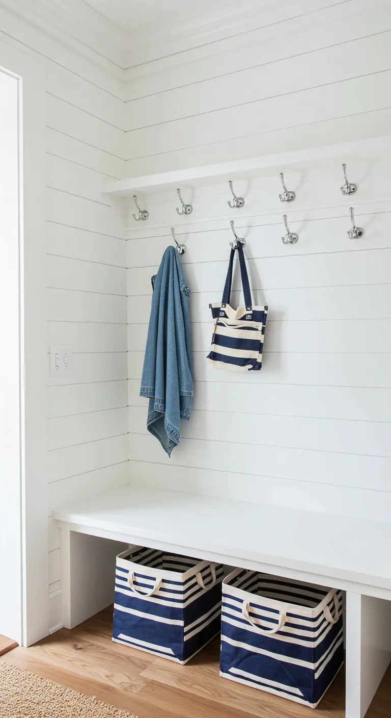 Recibidor de estilo costero con pared de listones blancos, banco blanco y cestas a rayas marineras.