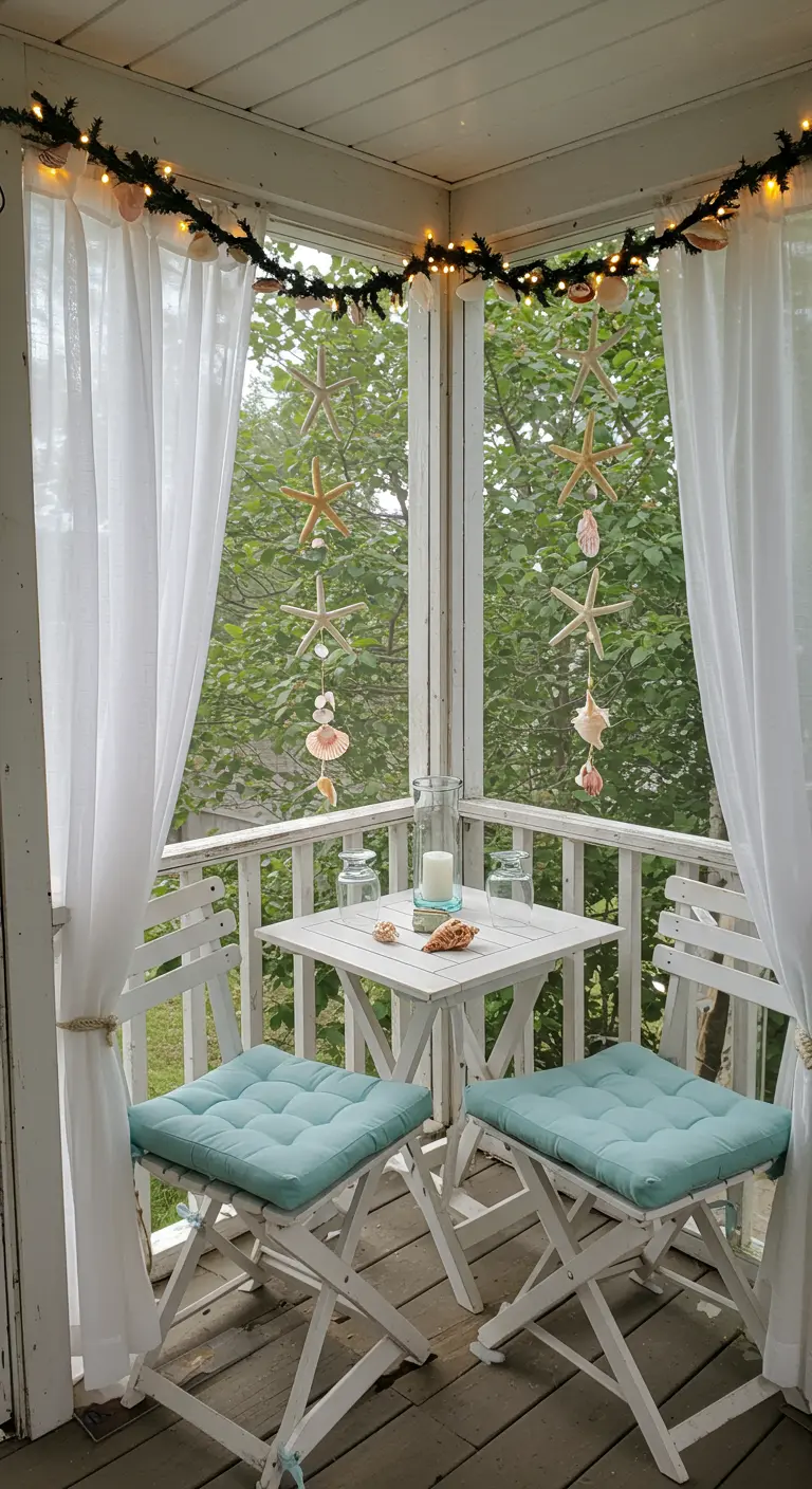 Porche de estilo costero con sillas blancas, cojines turquesa y guirnaldas de conchas marinas.