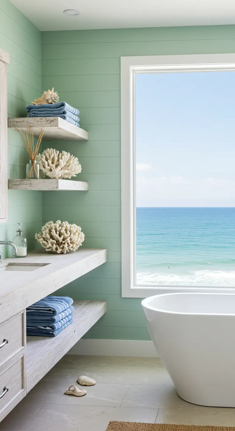 Baño costero con pared verde menta y estanterías blancas con corales.