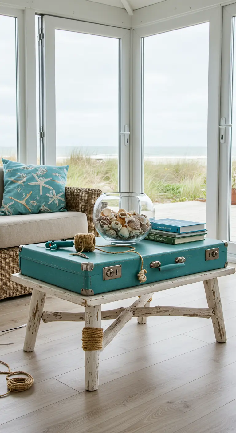 Maleta turquesa sobre un banco de madera blanco en una casa con vistas al mar.