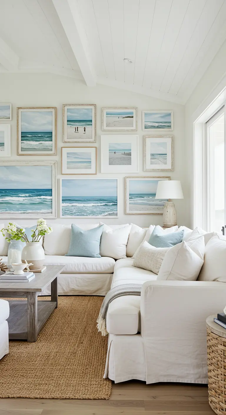 Pared de galería de temática costera con cuadros de paisajes marinos sobre un sofá blanco
