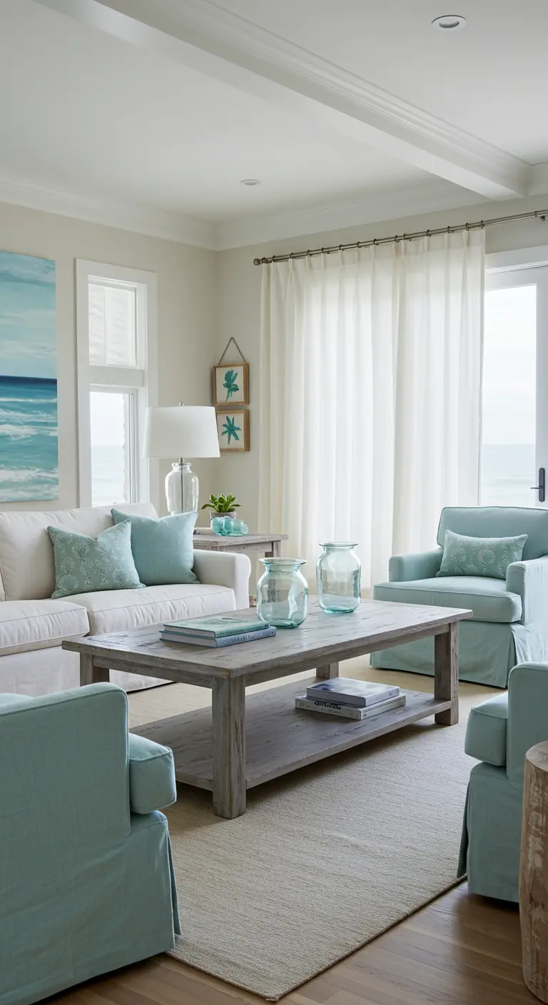 Sala de estar luminosa de estilo costero con sofás blancos y sillones en color aguamarina.