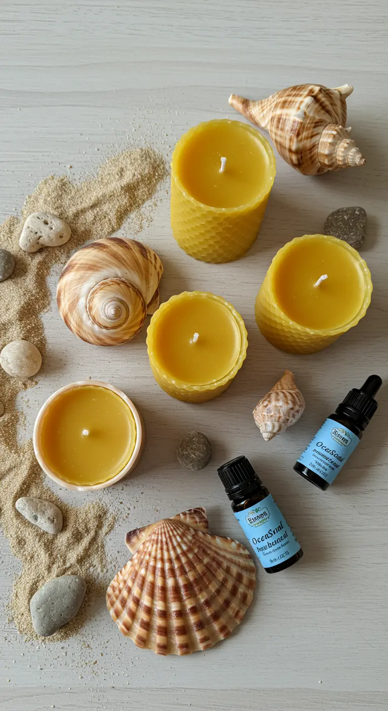 Velas caseras de cera de abeja con textura de panal rodeadas de arena y conchas marinas.