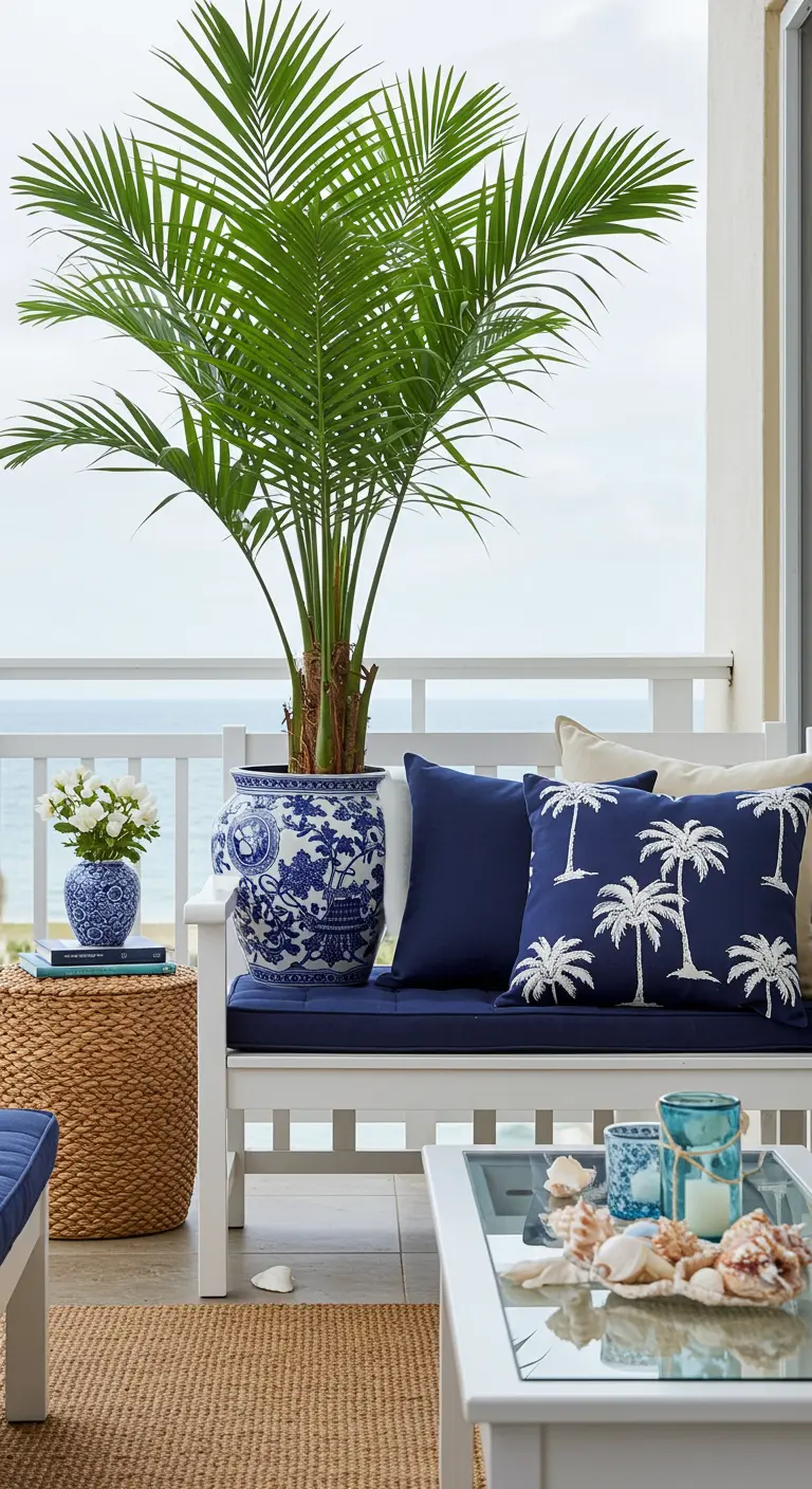 Balcón de estilo costero con banco blanco, cojines azules y macetero de cerámica china