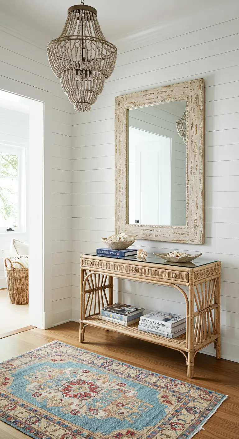 Recibidor de estilo costero con consola de ratán, espejo de madera decapada y alfombra azul.