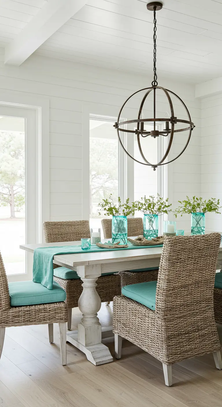 Comedor luminoso con paredes blancas, mesa de madera clara y sillas de mimbre con cojines turquesa