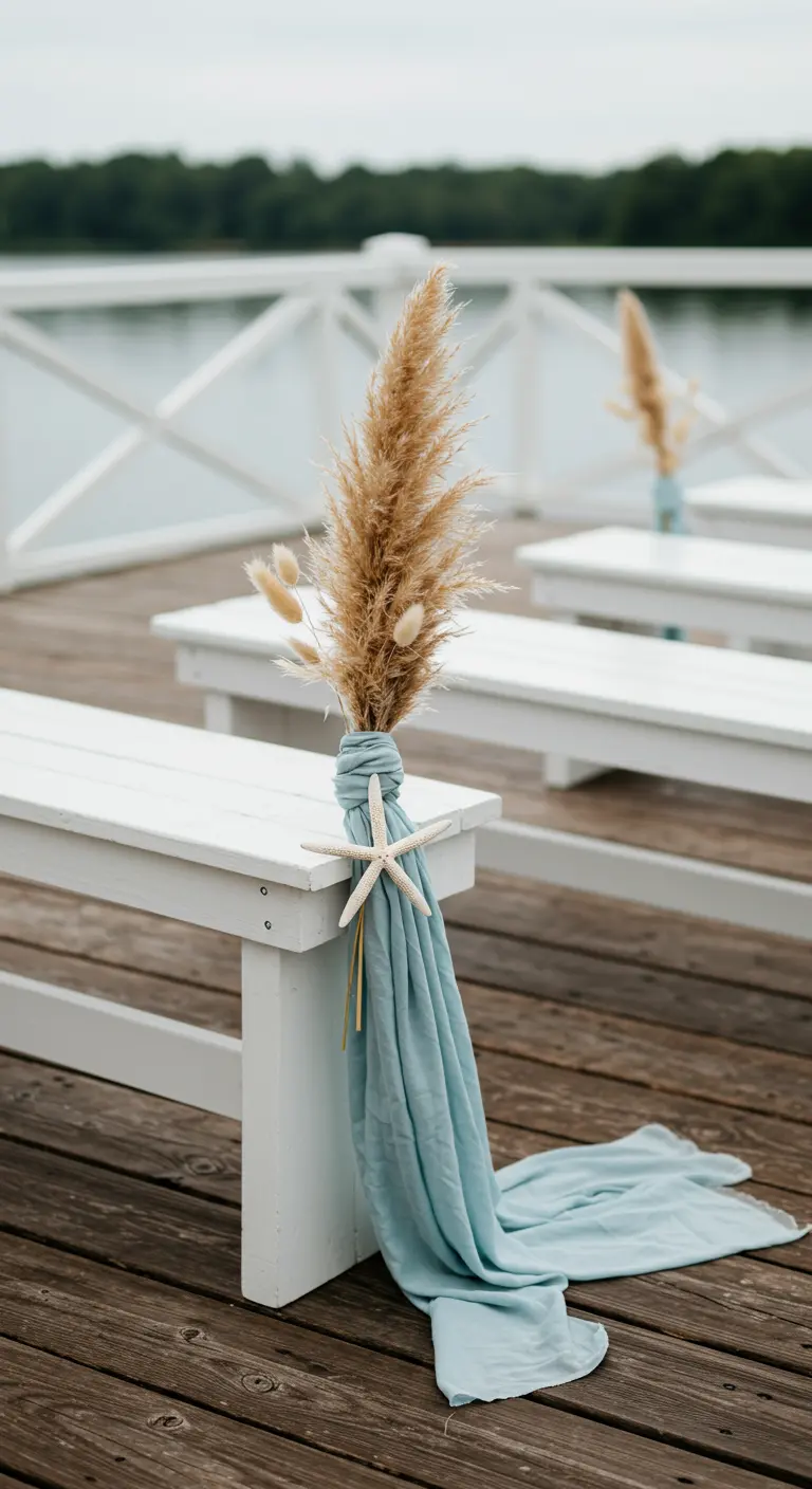 Banco blanco en un muelle con tela azul claro, hierba de pampa y una estrella de mar.