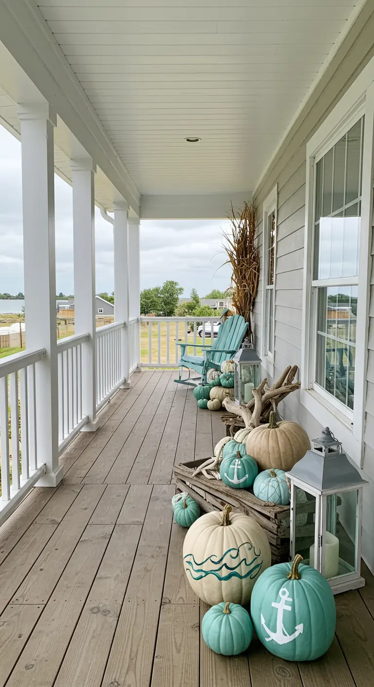 Porche con calabazas pintadas en tonos aguamarina y blanco con anclas y olas dibujadas.