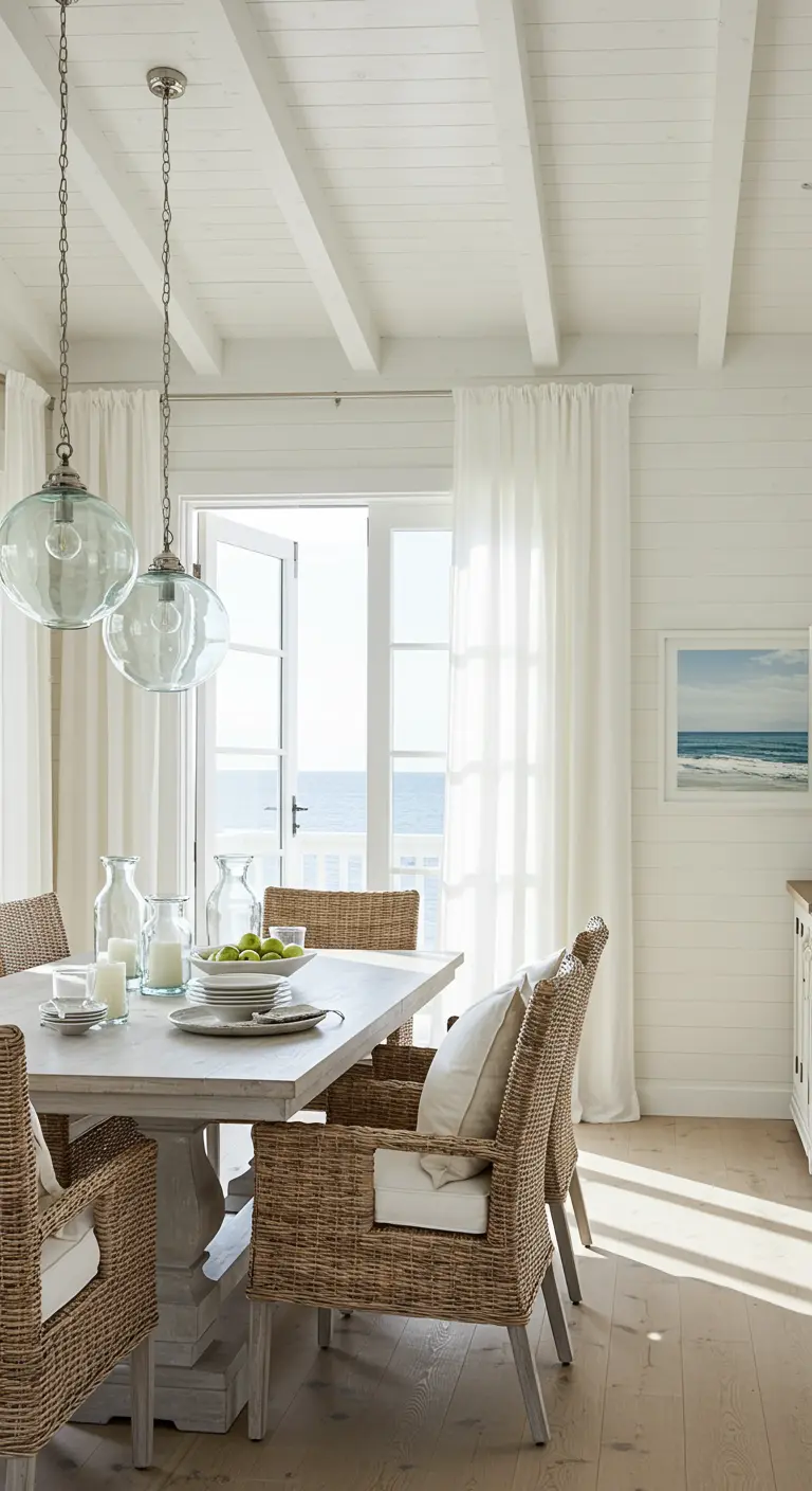 Comedor costero con techo de vigas blancas, sillas de mimbre y vistas al mar