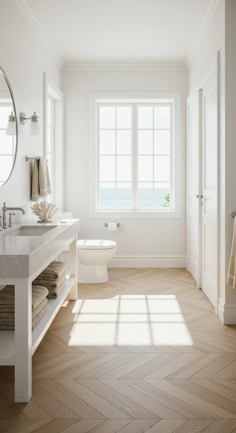Baño luminoso totalmente blanco con un suelo de madera clara en patrón de espiga.