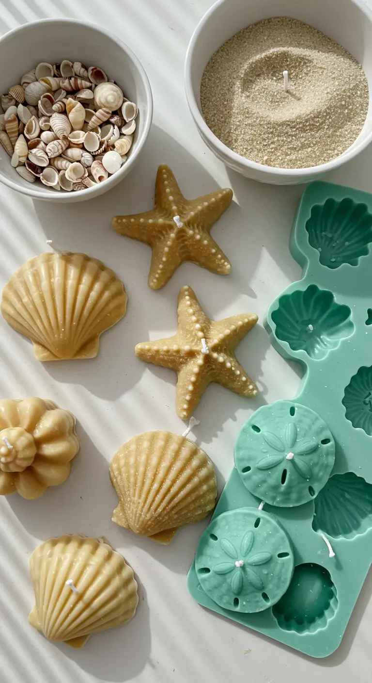 Velas caseras con formas de conchas, estrellas de mar y dólares de arena sobre un fondo blanco