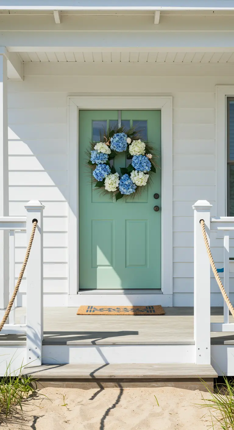 Corona de hortensias azules y blancas en una puerta verde menta.