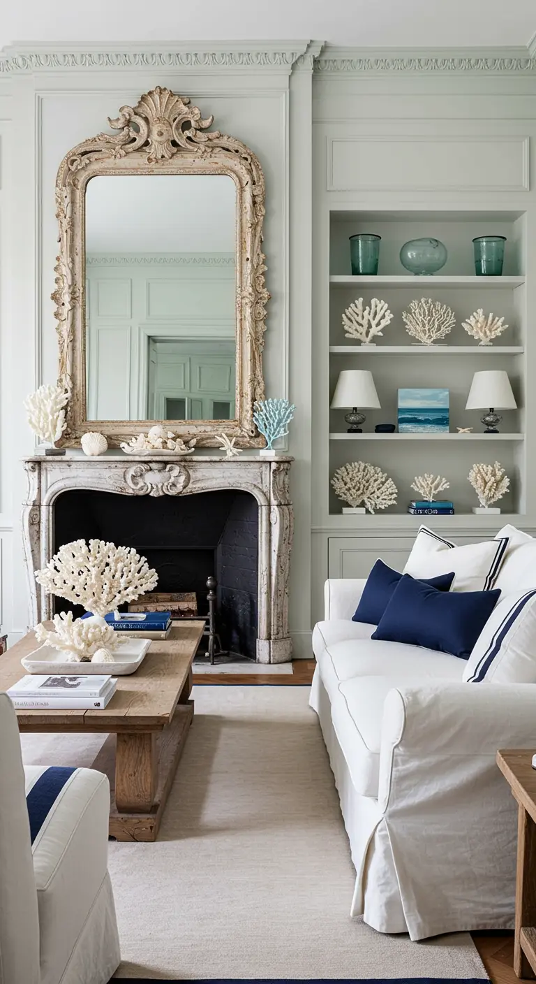 Sala de estar de estilo costero con paredes verde agua y decoración de corales blancos.