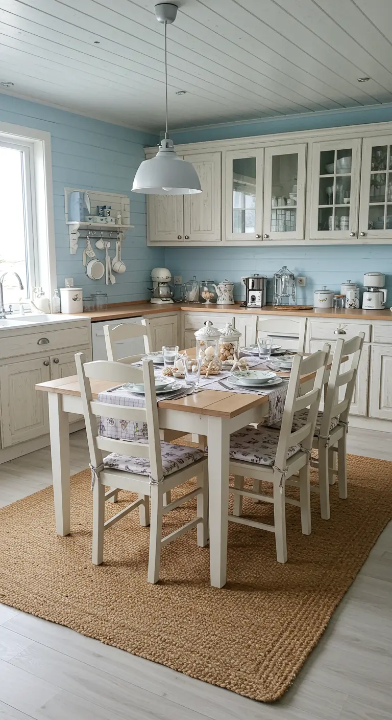 Cocina de estilo costero con paredes azul claro, muebles blancos y una alfombra de yute.