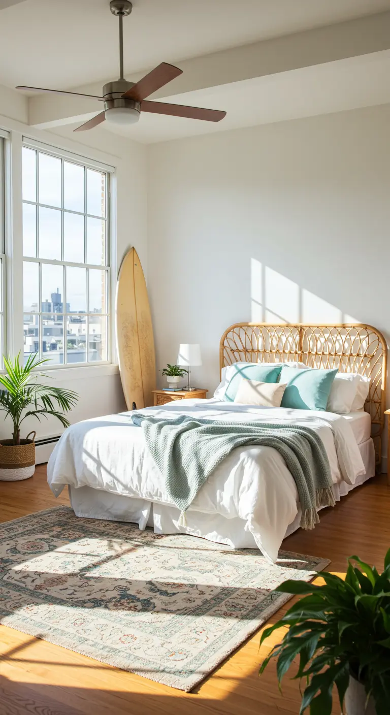 Dormitorio luminoso con cabecero de ratán, textiles azules y una tabla de surf decorativa