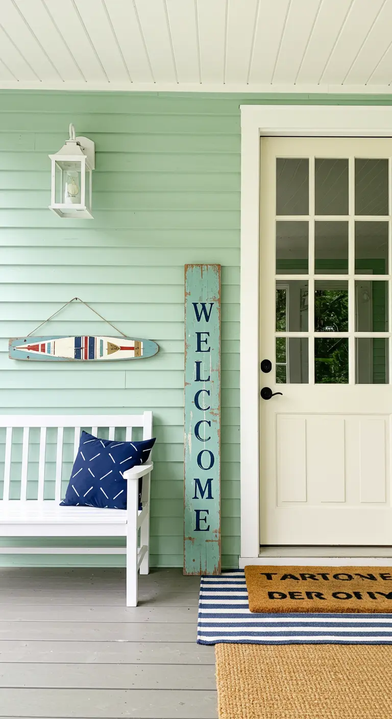 Porche de estilo costero con pared verde menta, banco blanco y decoración náutica.