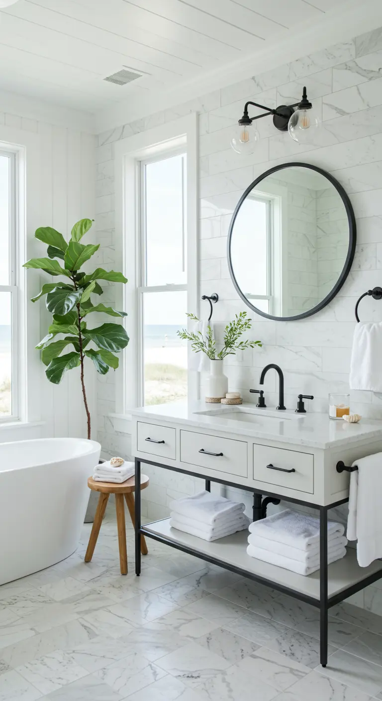 Baño luminoso con paredes de mármol blanco, mueble de lavabo abierto negro y blanco, y una planta alta