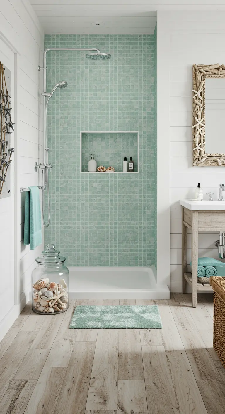 Ducha con mosaicos cuadrados aguamarina, paredes blancas de madera y decoración de estilo costero.
