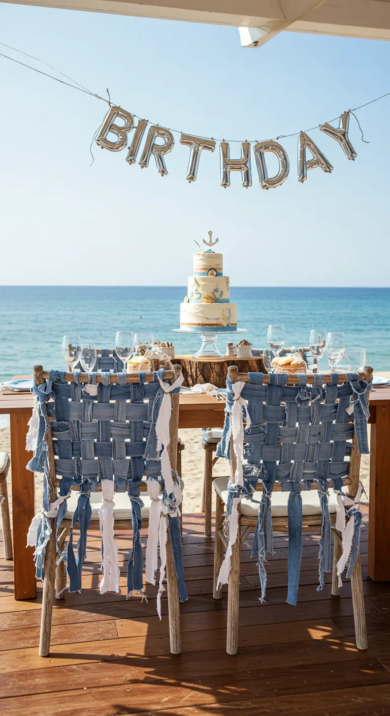 Sillas de madera en una terraza junto al mar con respaldos tejidos con tiras de tela vaquera.