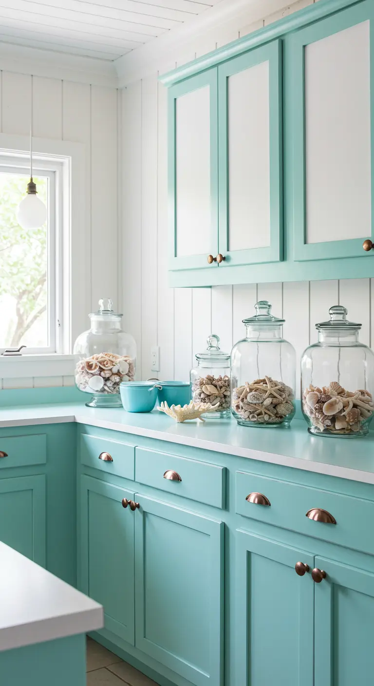 Cocina de estilo costero en menta y blanco, decorada con frascos de conchas.