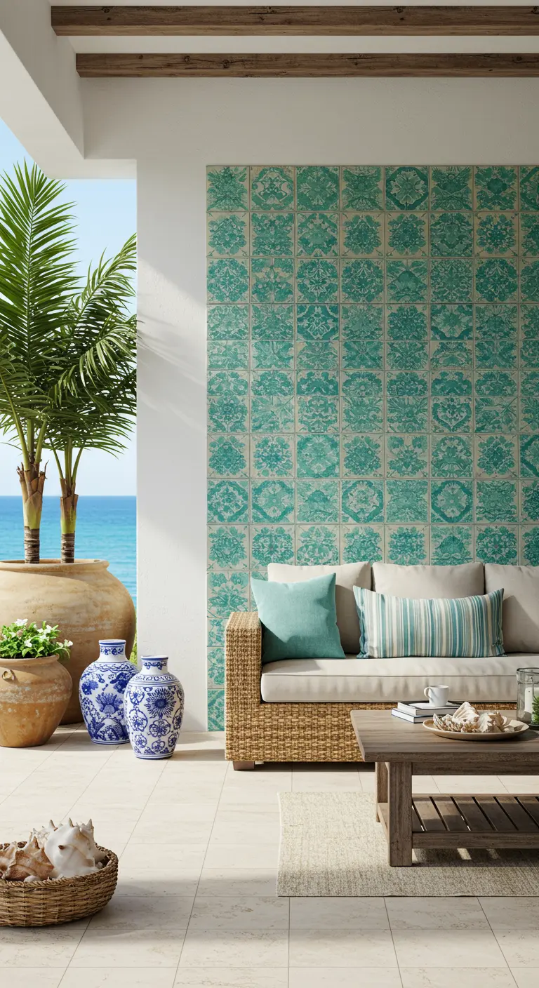 Patio con vistas al mar, pared de azulejos turquesa y sofá de mimbre.