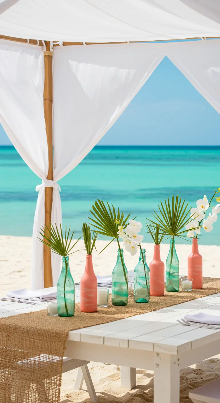 Centros de mesa en la playa con botellas pintadas de coral y turquesa con hojas de palmera.