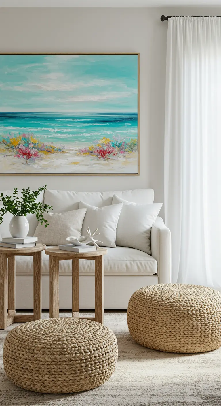 Sala de estar de estilo costero con sofá blanco y un cuadro que representa una playa abstracta.