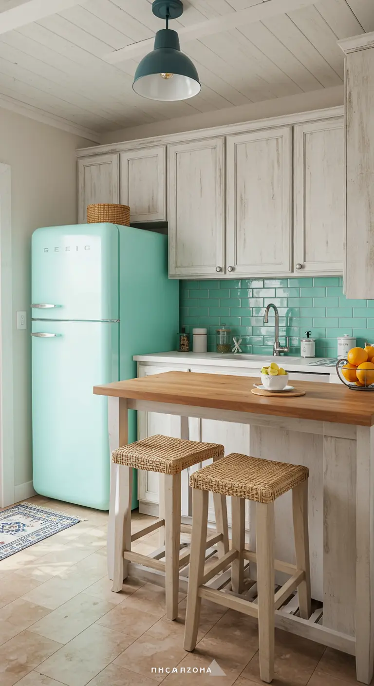 Cocina de estilo costero con frigorífico retro turquesa y azulejos verde agua.