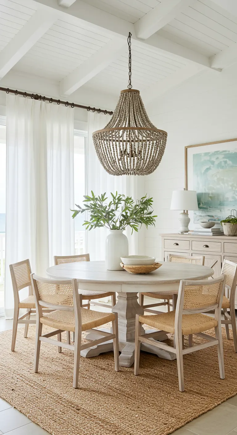 Comedor de estilo costero con mesa de madera lavada y lámpara de cuentas.