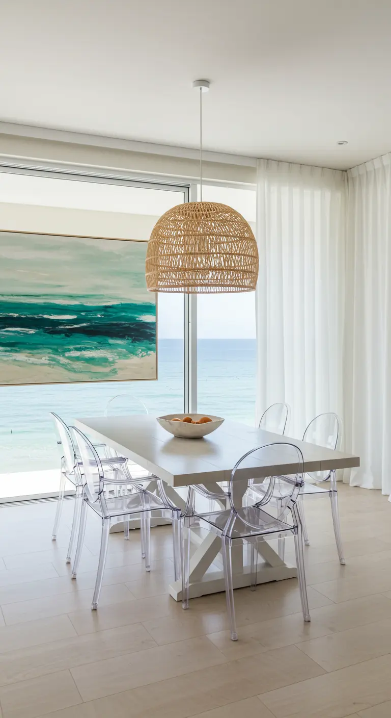 Comedor costero con vista al mar, cuadro abstracto azul y lámpara de ratán.