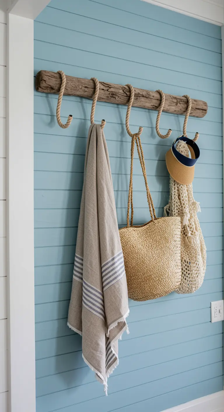 Perchero de estilo playero con ganchos hechos de cuerda sobre un tronco.