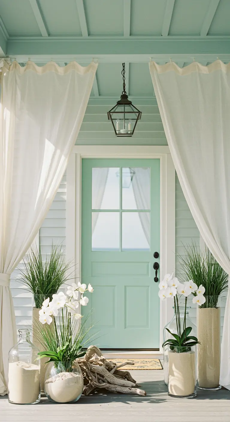 Porche de estilo costero con puerta verde menta, cortinas blancas y jarrones con arena y orquídeas.
