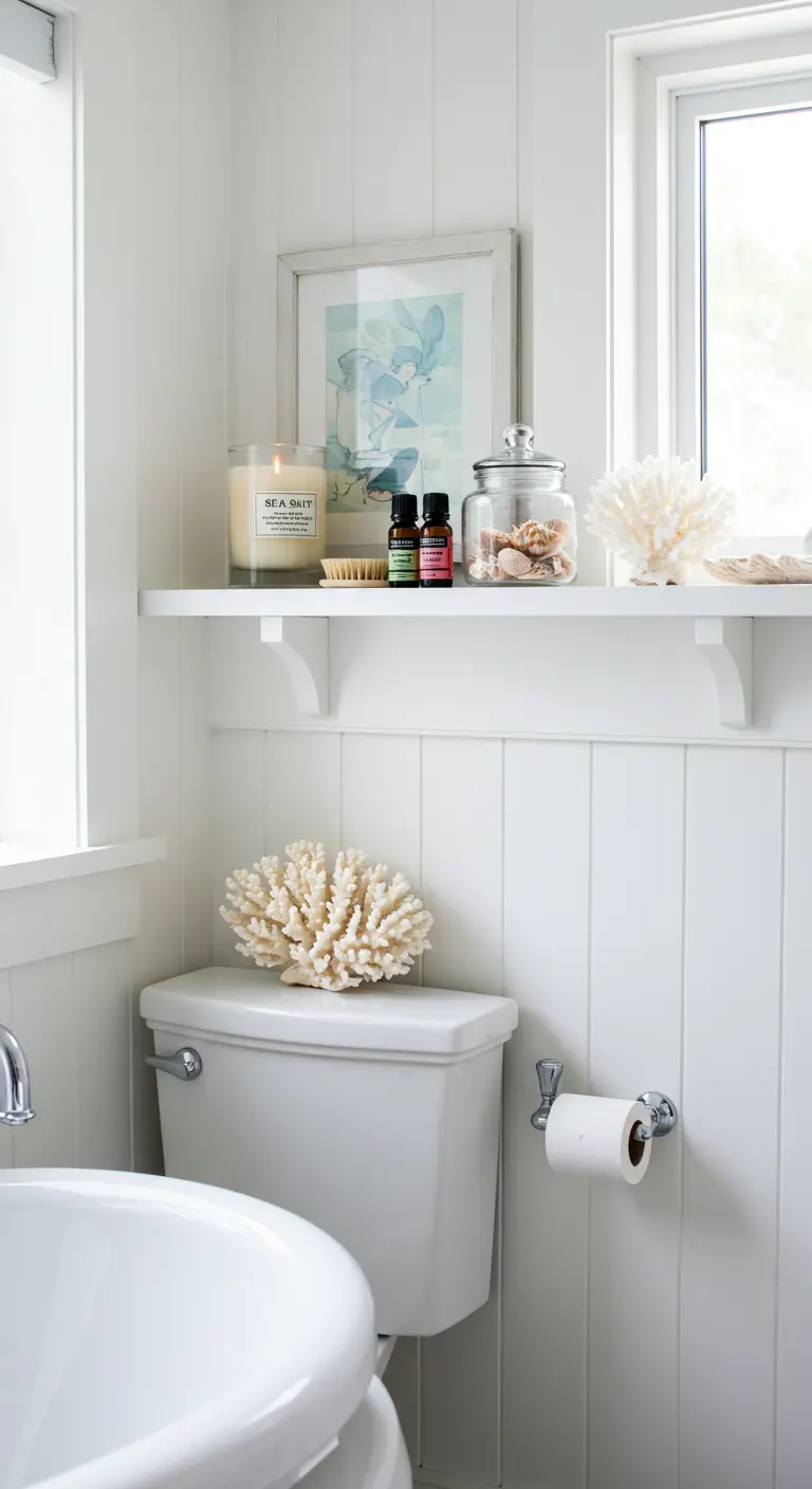 Repisa blanca con decoración costera, vela, conchas y un coral sobre el inodoro.