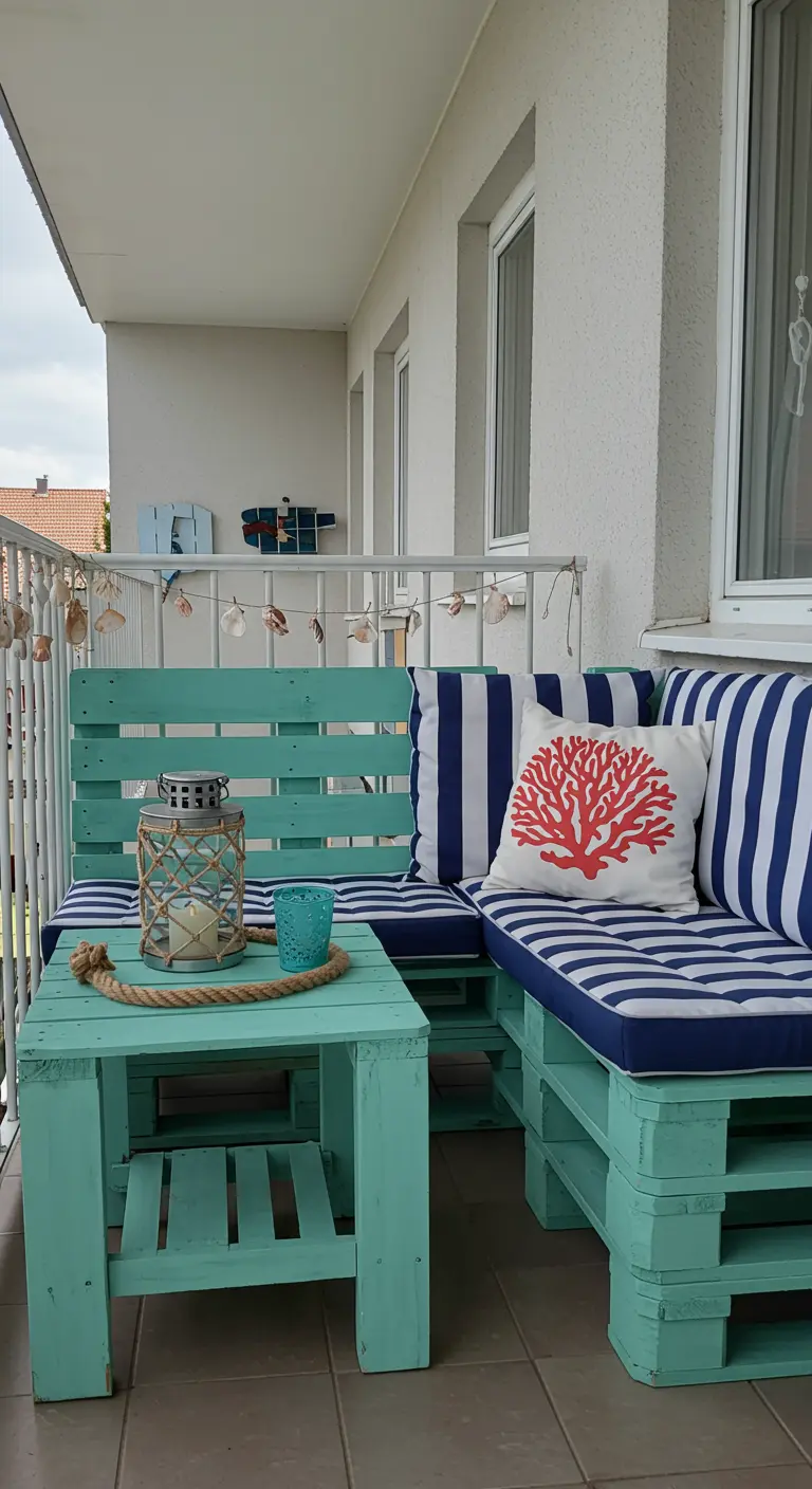 Balcón con muebles de palets color turquesa y cojines de rayas azules y blancas.