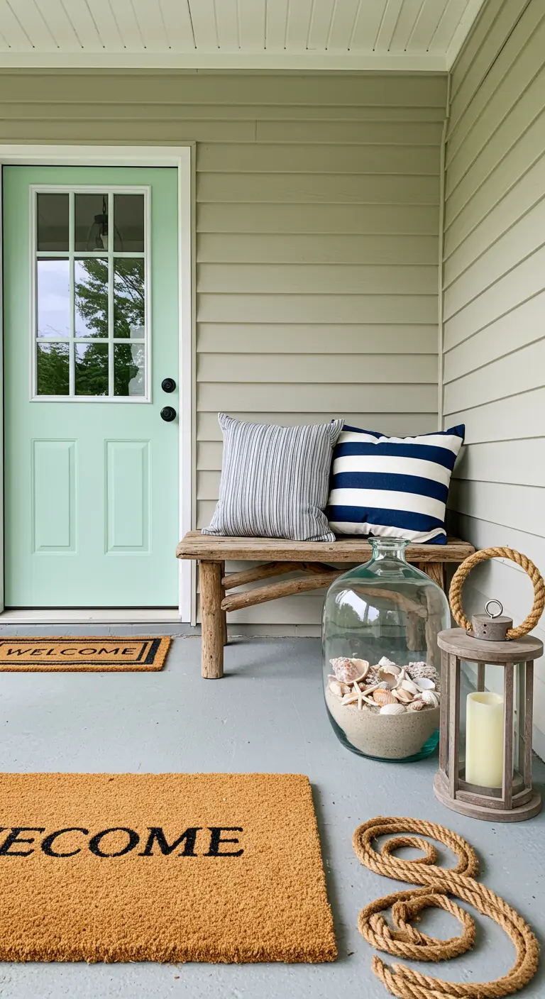 Porche de estilo costero con puerta verde menta, banco de madera y decoración náutica con cuerdas y conchas.