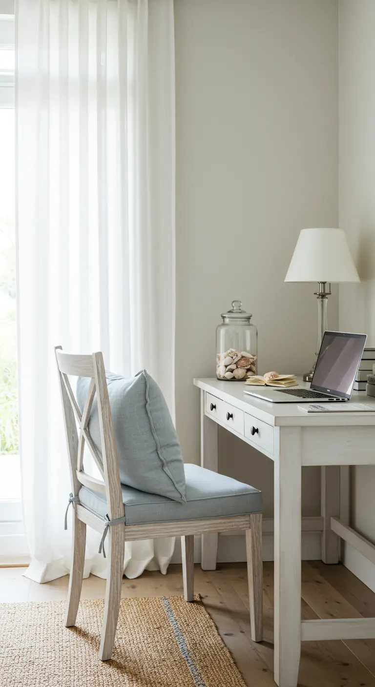 Escritorio blanco de estilo costero con una silla con cojín azul y una alfombra de yute.