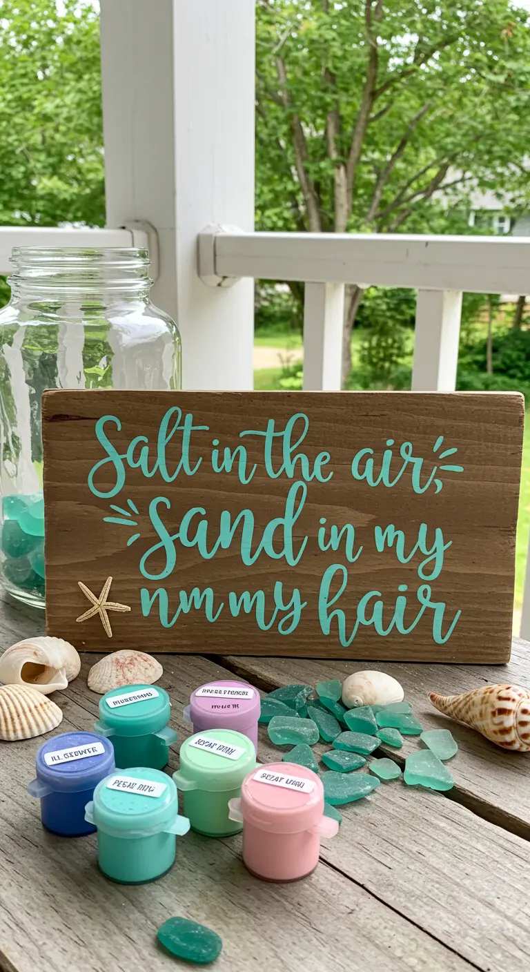 Bloque de madera con una frase veraniega pintada en color turquesa y conchas marinas alrededor.