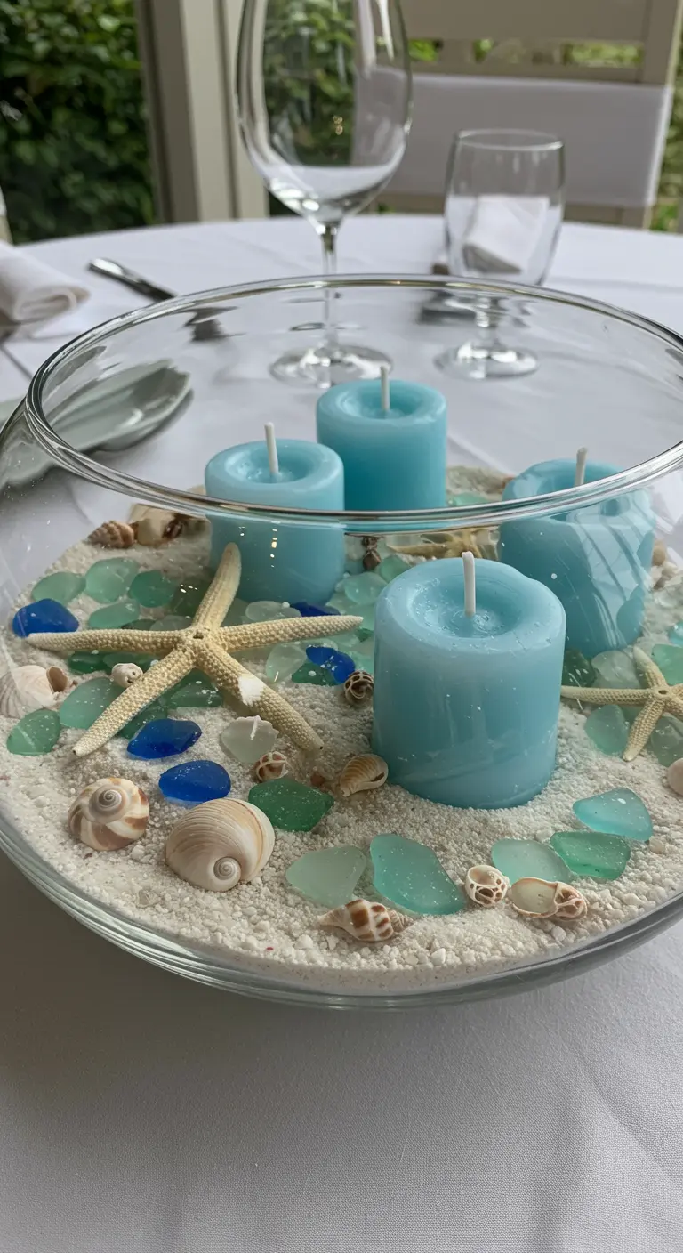 Bol de cristal con arena, conchas, estrellas de mar y cuatro velas cilíndricas de color azul.