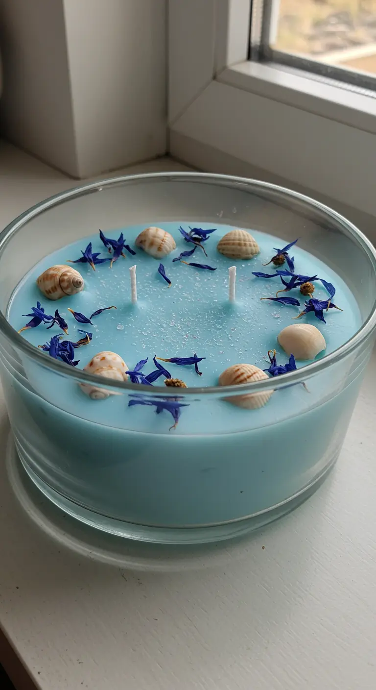 Vela ancha de cera azul decorada con conchas y pétalos azules.