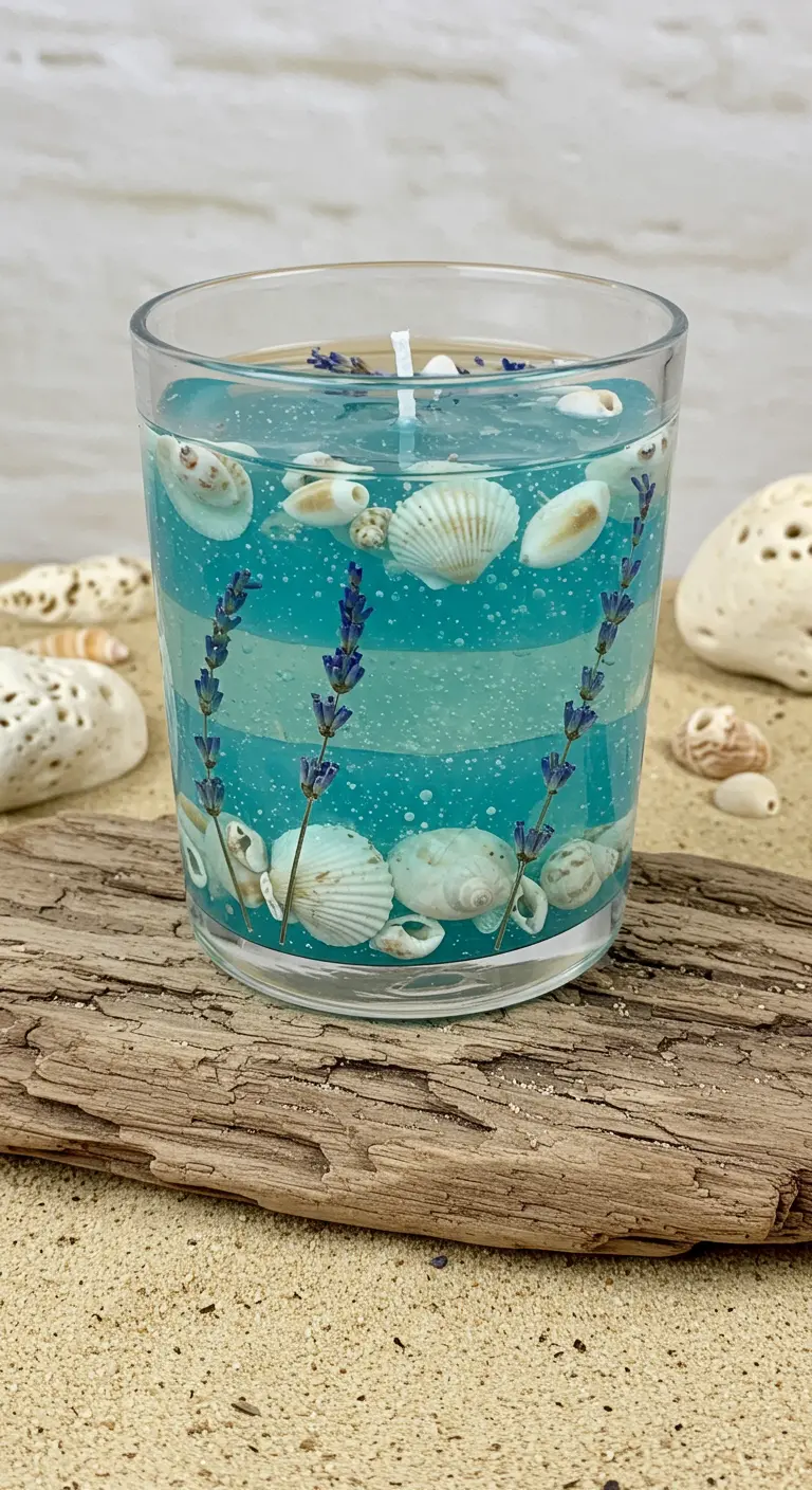 Vela de gel azul con capas, decorada con conchas marinas y lavanda, sobre un trozo de madera.