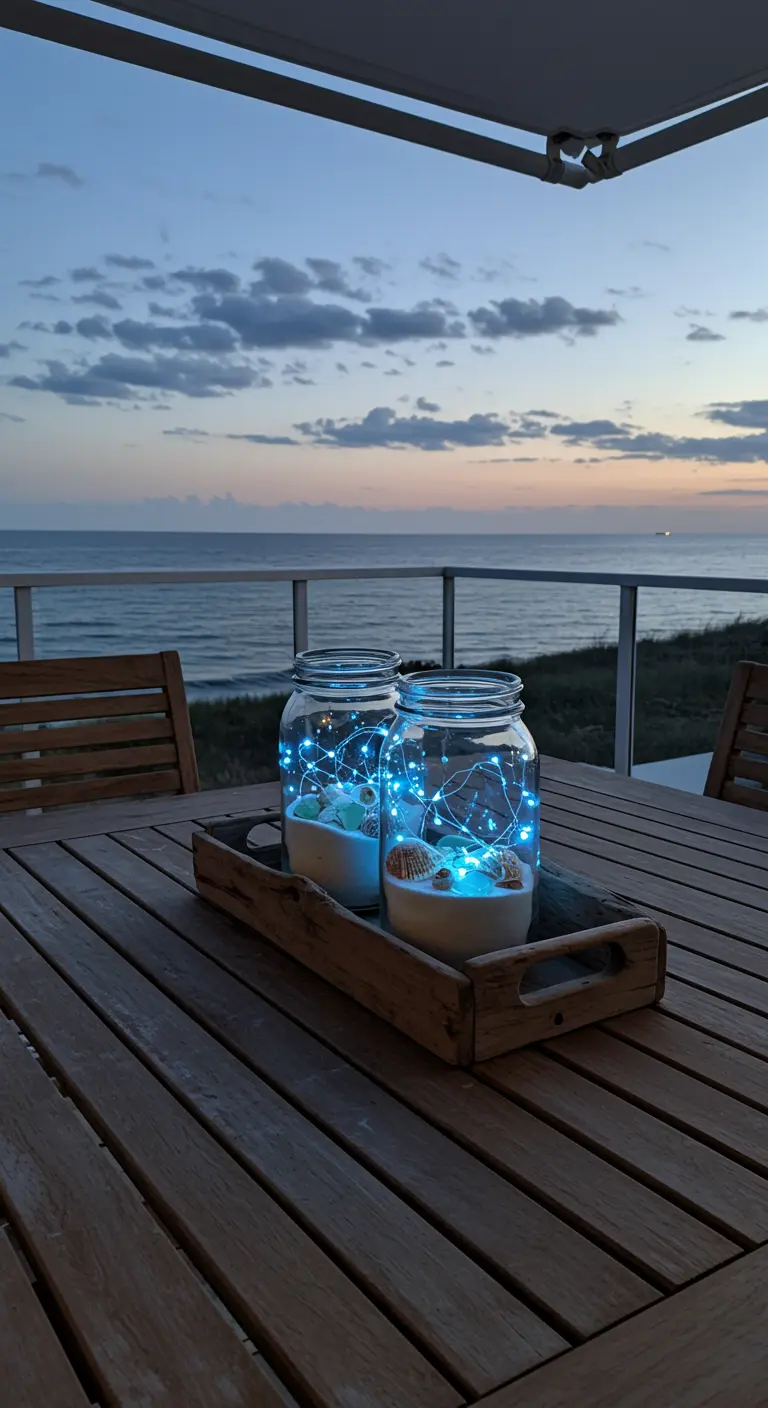 Dos frascos con arena, conchas y luces LED azules sobre una bandeja de madera con el mar de fondo.