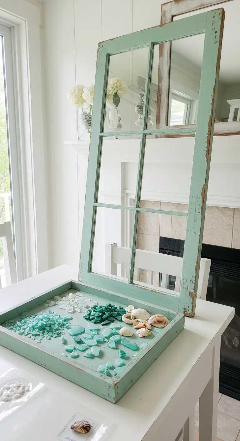 Espejo de ventana DIY pintado en verde menta con cristales de mar y conchas para decorar