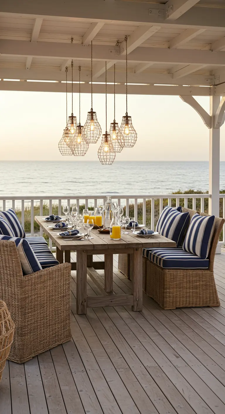 Comedor exterior frente al mar con sillas de mimbre y lámparas colgantes de rejilla metálica.