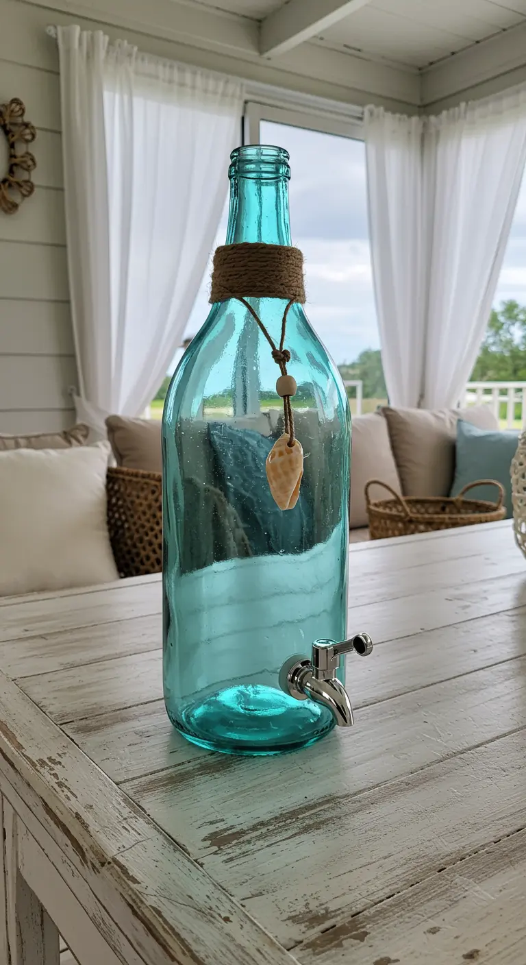 Dispensador de agua en botella turquesa decorada con cuerda de yute y una concha marina.
