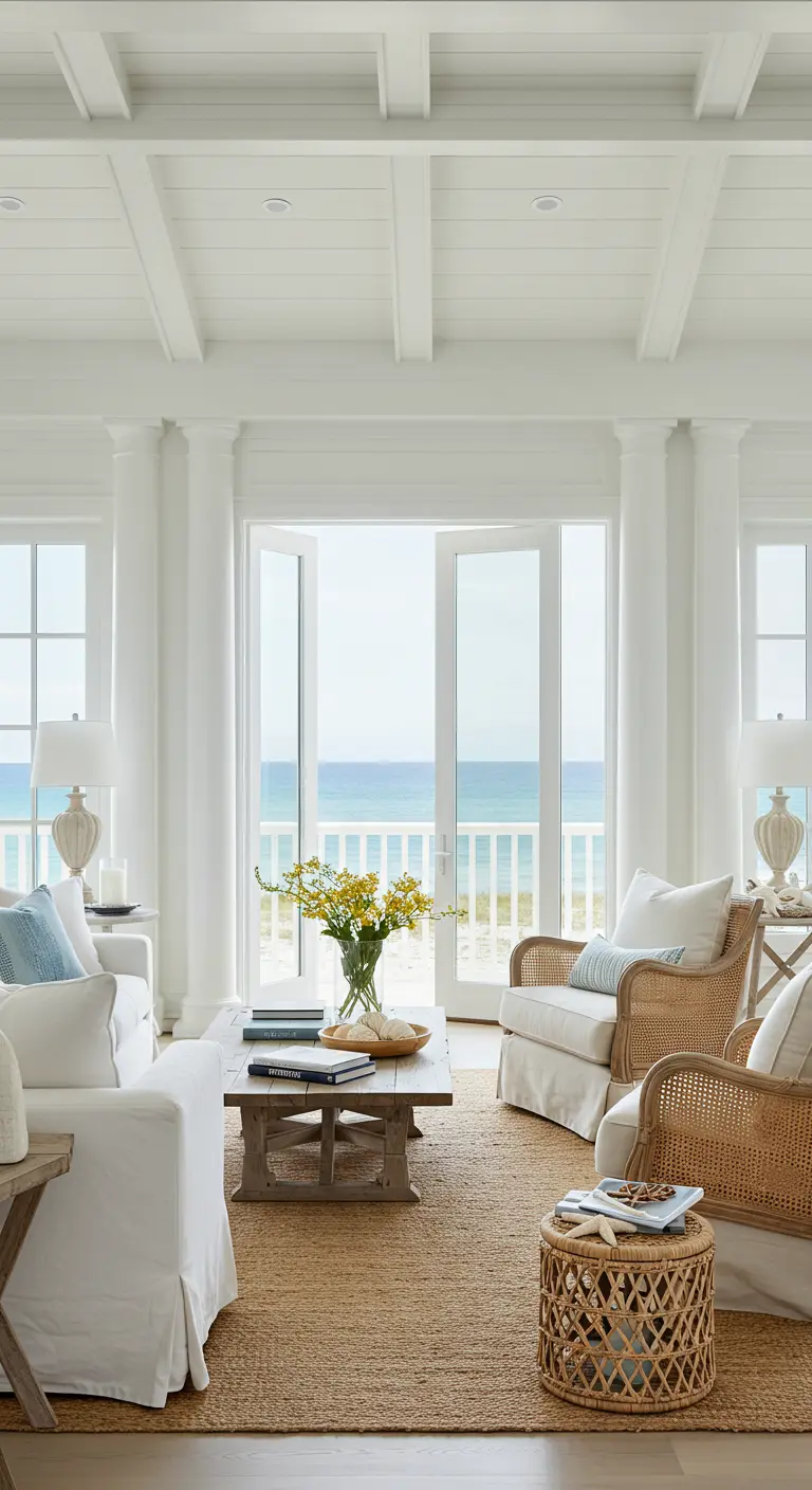 Sala de estar costera con columnas blancas y lisas que enmarcan una puerta con vistas al mar